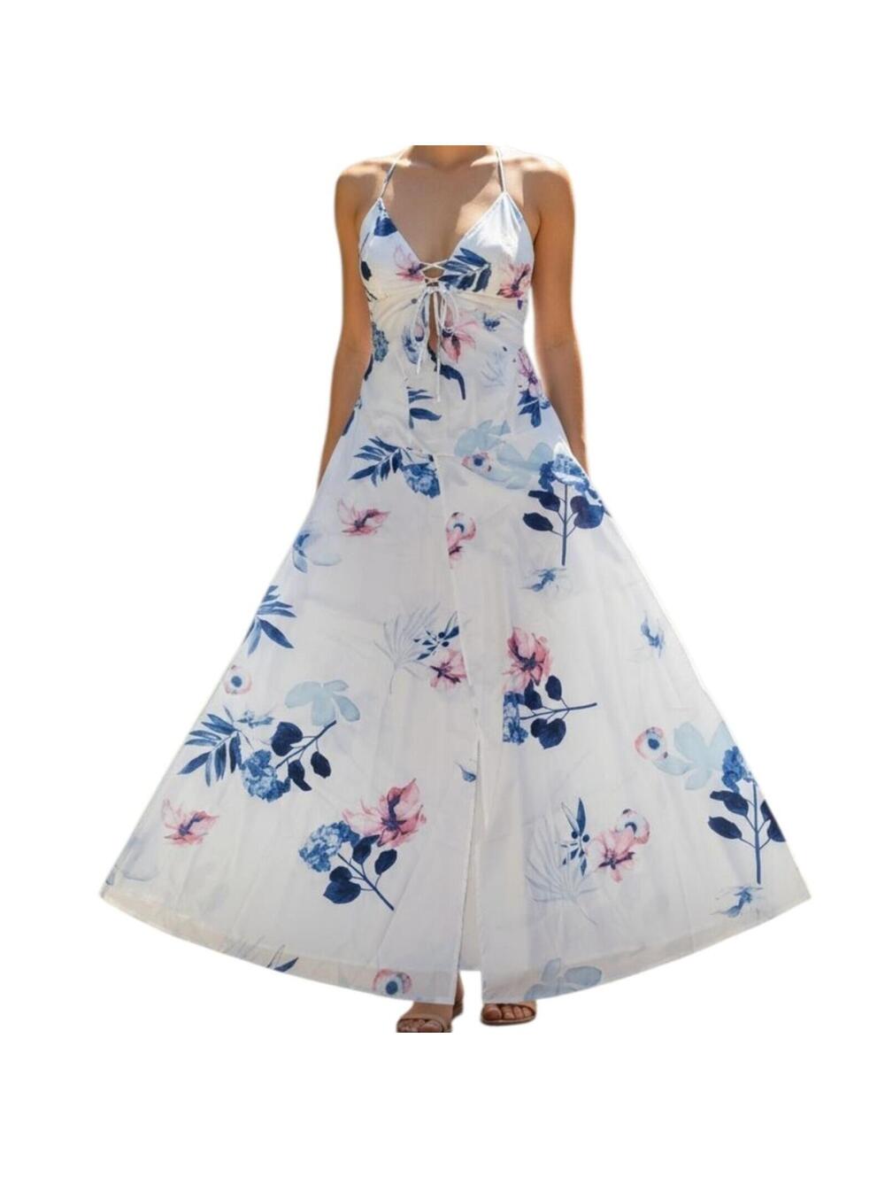White Floral Maxi Dress Spaghetti Strap Halter Neck Criss Cross Back Slit - Picture 2 of 8